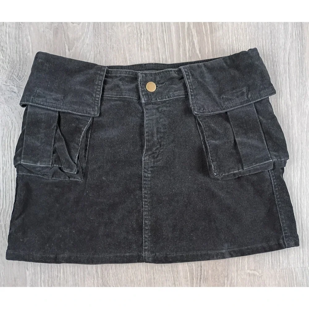 Cona Blue Jeans Black Corduroy Cargo Skirt M Short Pockets Button Y2K Grunge